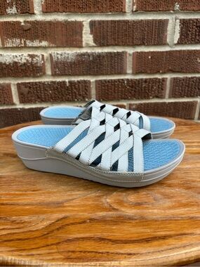 BareTraps Sandals Beverly Sz 7.5 Slide Wedge Heel Blue Gray Strappy Slip On